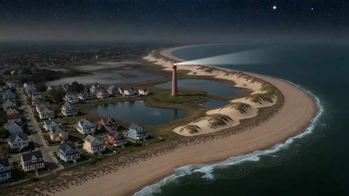 Night aerial of Cape May Point Lighthouse over a wide beach, dunes, and ponds